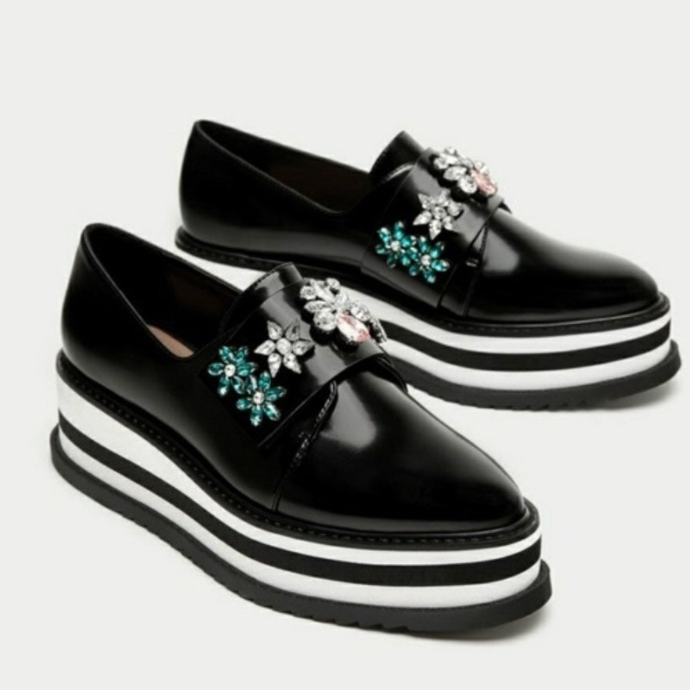 Zara Platform Crystal Beaded Derby Loafers 8